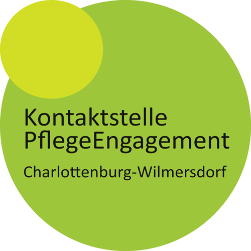 Logo der Kontaktstelle PflegeEngagement: großer grüner Kreis mit Schriftzug und kleiner hellgrüner Kreis links oben